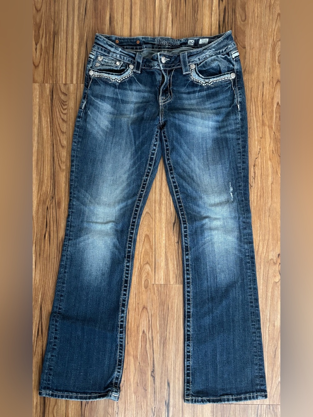Miss Me Dark Blue Boot Cut Jeans with Embellished Pockets size 30
